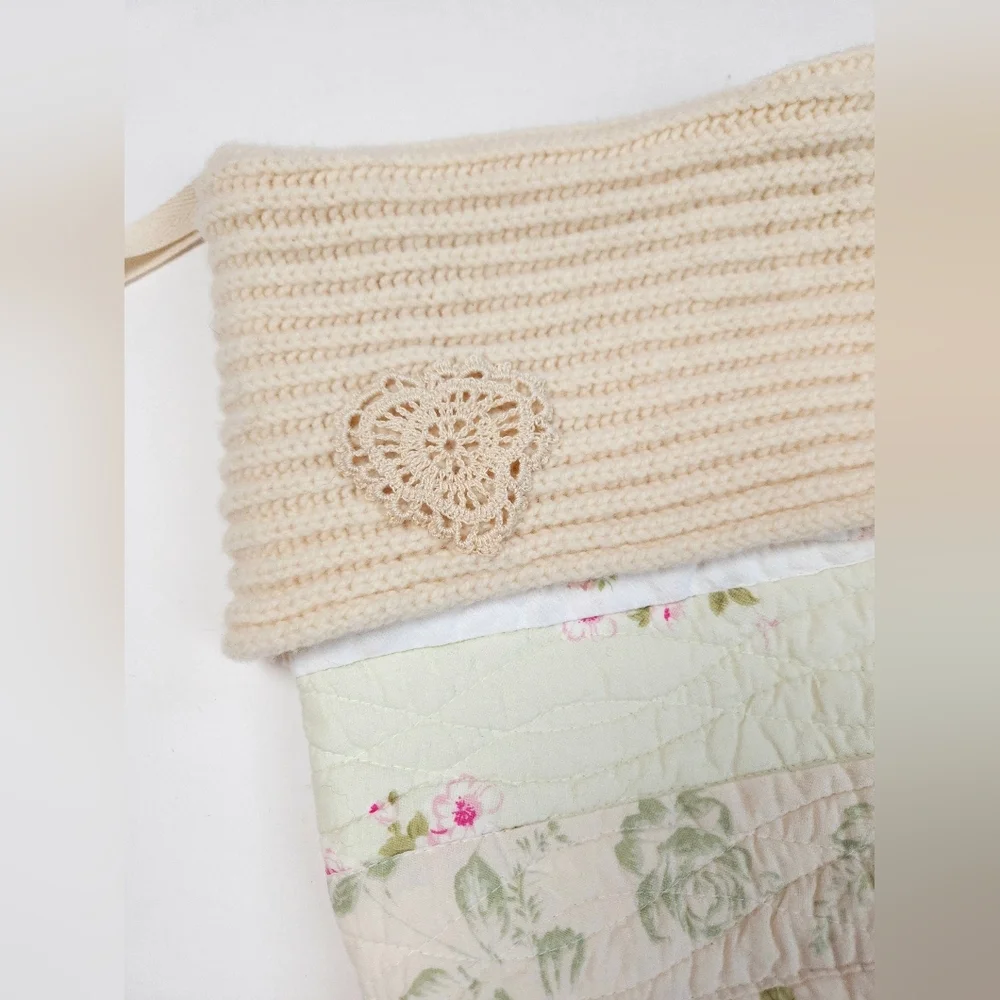 Upcycled Quilted Shabby Chic Christmas Stocking Ivory and Pink Floral
